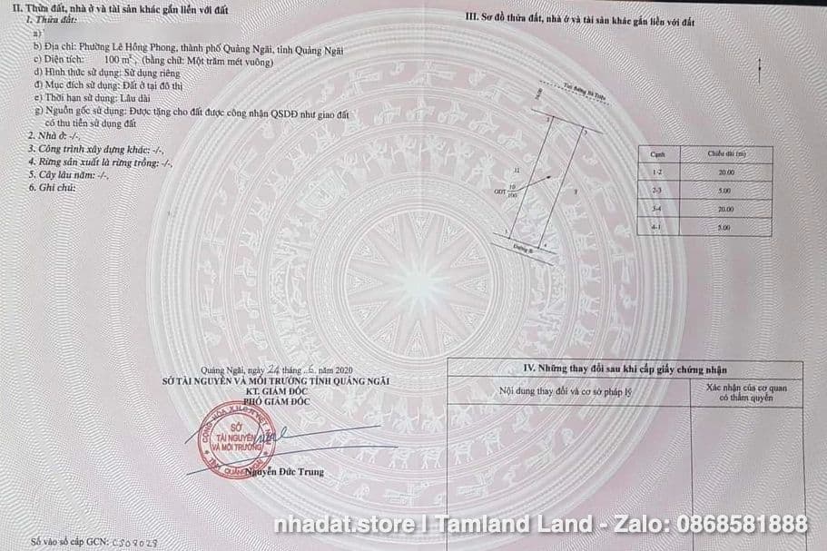 Bán đất thổ cư 100m2 phường Lê Hồng Phong, TP Quảng Ngãi